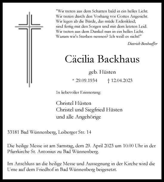 Traueranzeige von Cäcilia Backhaus von Westfalen-Blatt