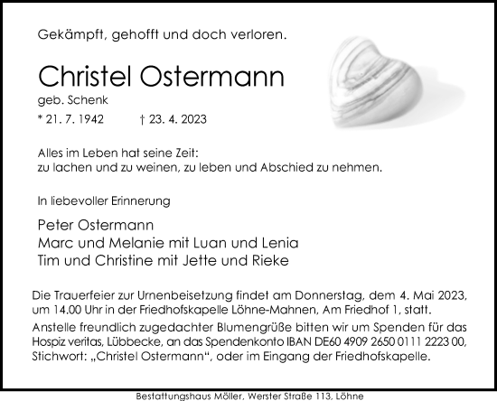 Traueranzeige von Christel Ostermann von Westfalen-Blatt