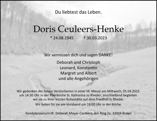 Traueranzeige von Doris Ceuleers-Henke von Westfalen-Blatt