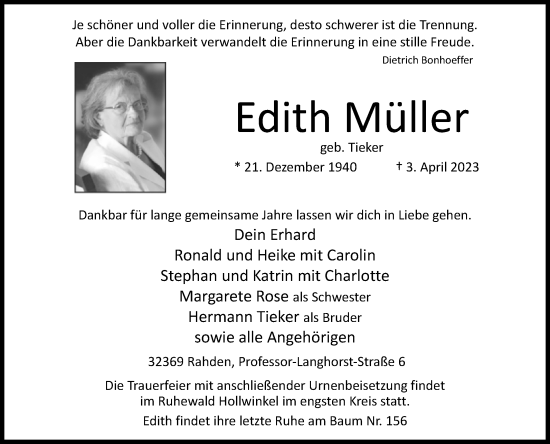 Traueranzeige von Edith Müller von Westfalen-Blatt