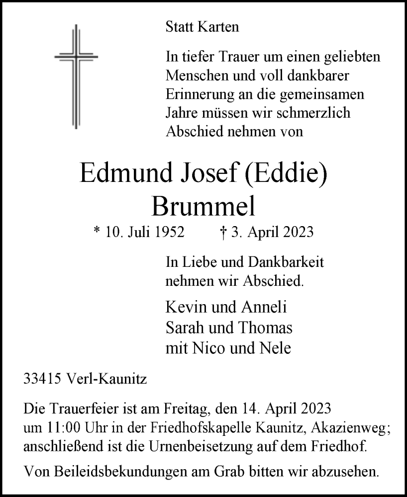  Traueranzeige für Edmund Josef Brummel vom 07.04.2023 aus Westfalen-Blatt