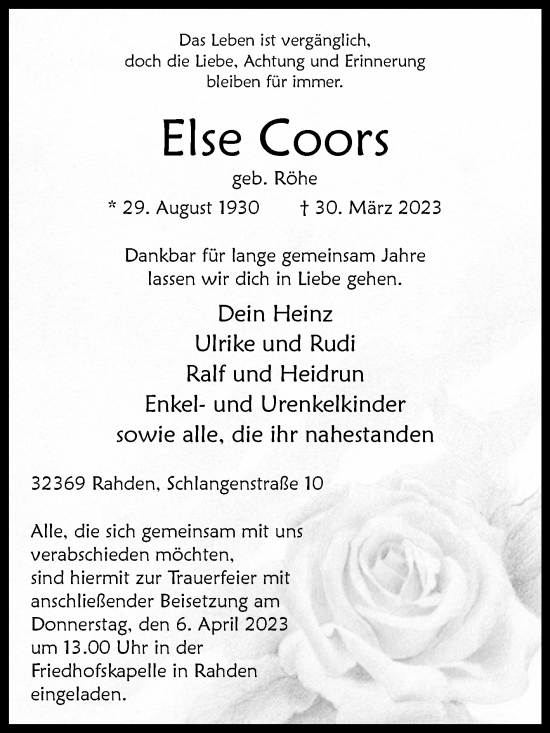 Traueranzeige von Else Coors von Westfalen-Blatt