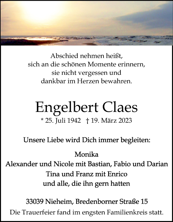 Traueranzeige von Engelbert Claes von Westfalen-Blatt