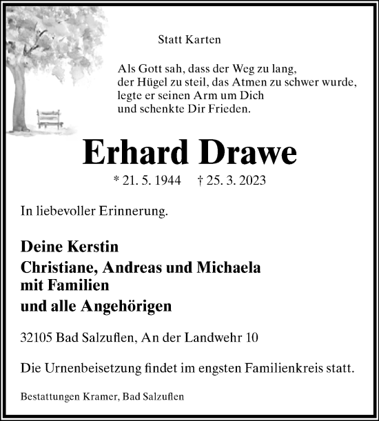 Traueranzeige von Erhard Drawe von Westfalen-Blatt