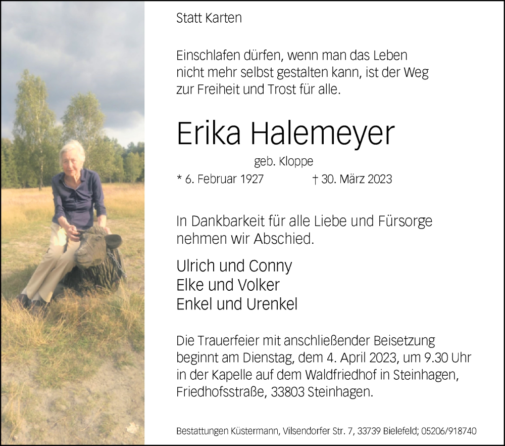  Traueranzeige für Erika Halemeyer vom 01.04.2023 aus Westfalen-Blatt