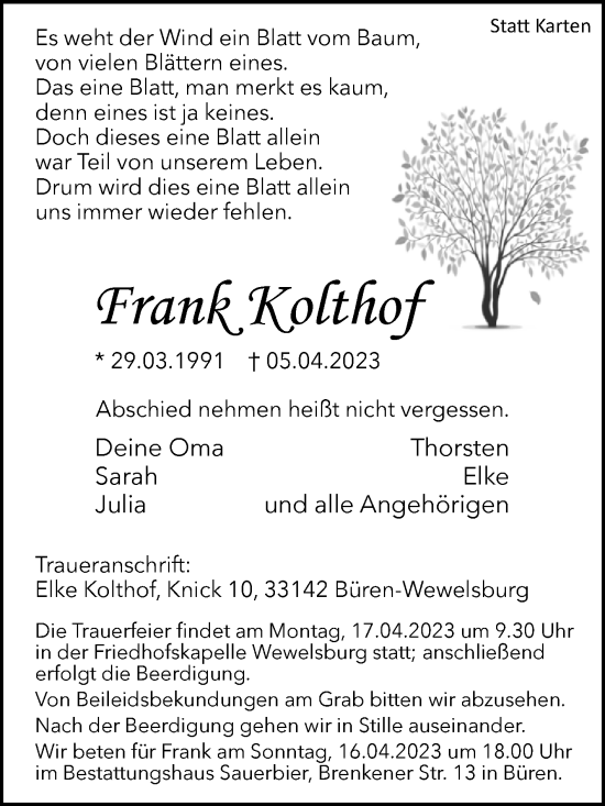 Traueranzeige von Frank Kolthof von Westfalen-Blatt