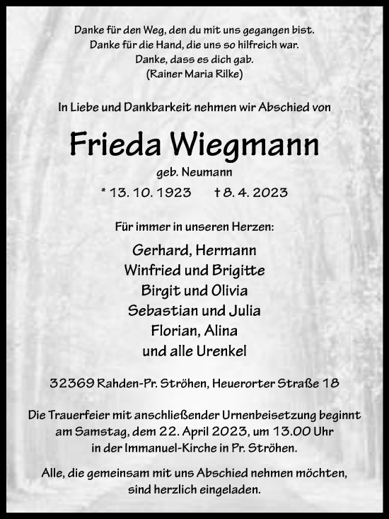 Traueranzeige von Frieda Wiegmann von Westfalen-Blatt