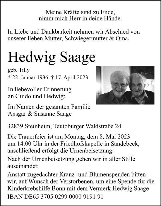 Traueranzeige von Hedwig Saage von Westfalen-Blatt