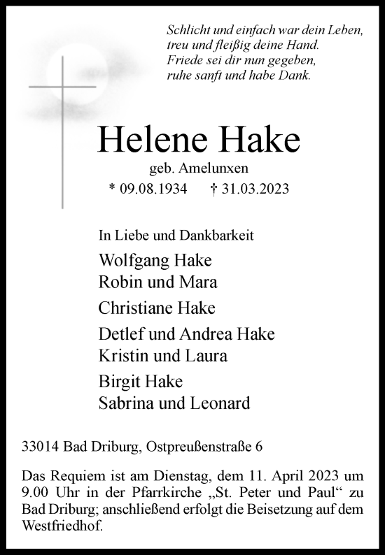 Traueranzeige von Helene Hake von Westfalen-Blatt