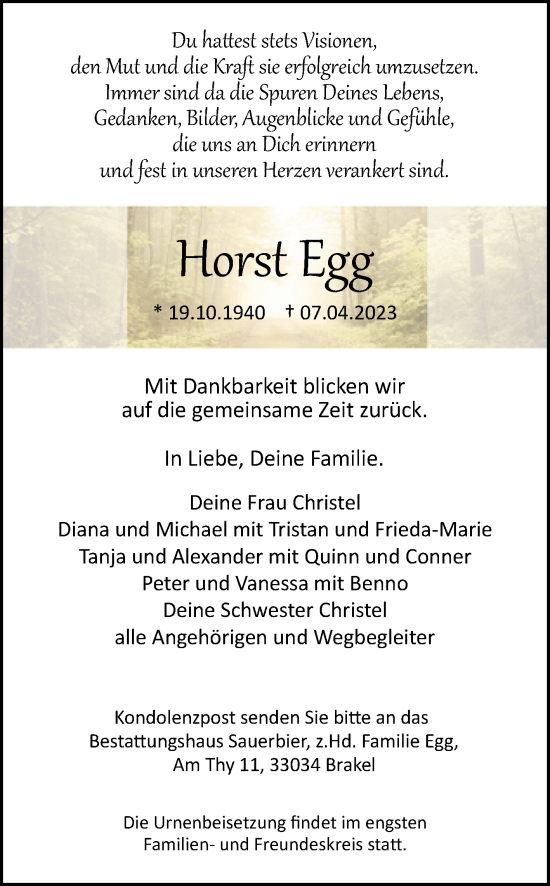 Traueranzeige von Horst Egg von Westfalen-Blatt