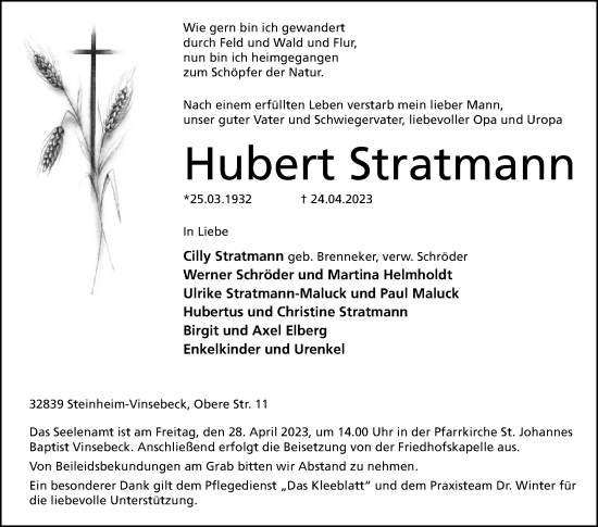 Traueranzeige von Hubert Stratmann von Westfalen-Blatt