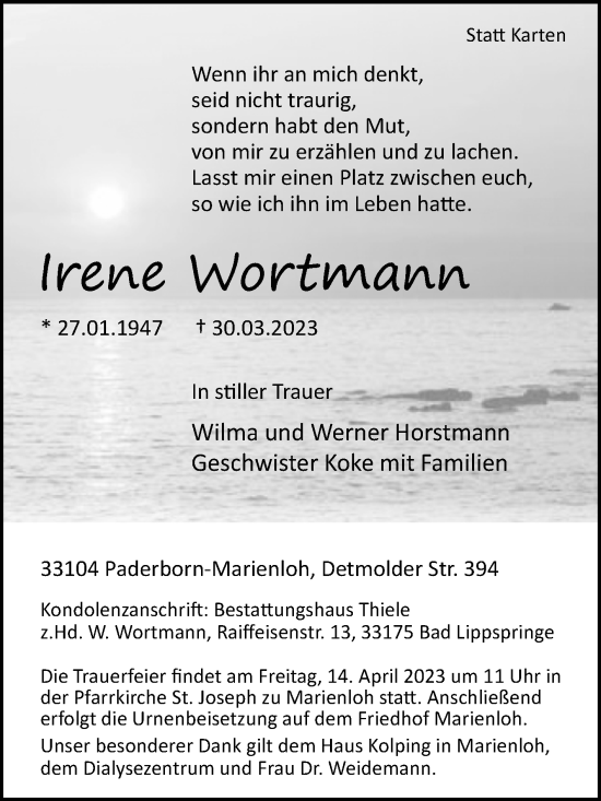 Traueranzeige von Irene Wortmann von Westfalen-Blatt