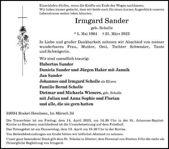 Traueranzeige von Irmgard Sander von Westfalen-Blatt