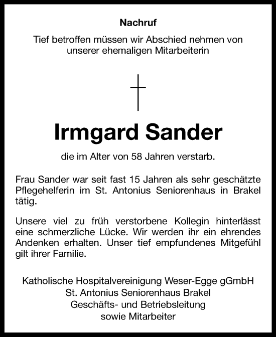 Traueranzeige von Irmgard Sander von Westfalen-Blatt