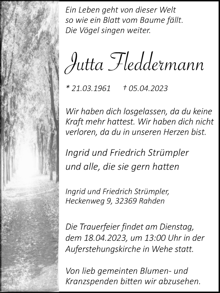  Traueranzeige für Jutta Fleddermann vom 12.04.2023 aus Westfalen-Blatt