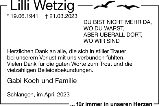 Traueranzeige von Lilli Wetzig von Westfalen-Blatt