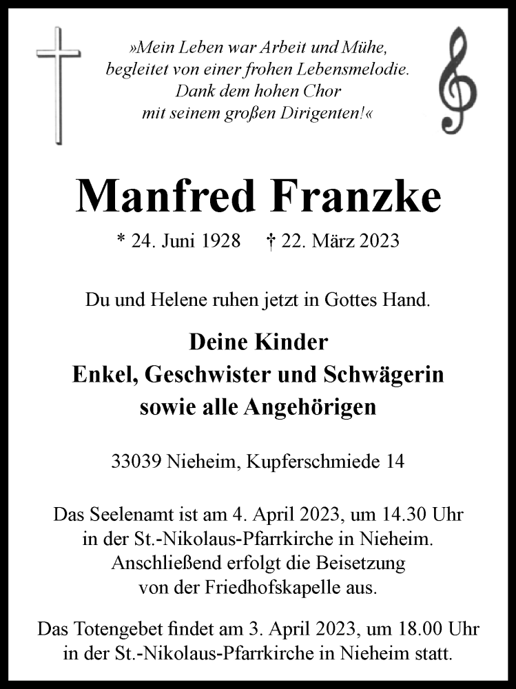  Traueranzeige für Manfred Franzke vom 01.04.2023 aus Westfalen-Blatt