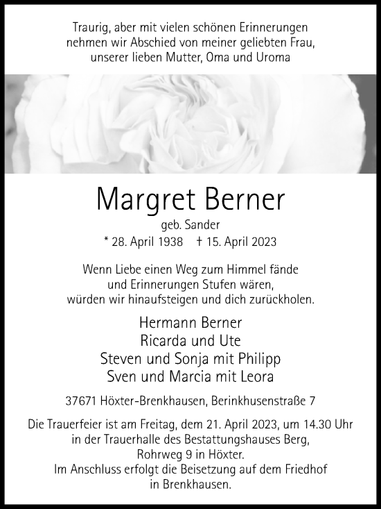 Traueranzeige von Margret Berner von Westfalen-Blatt