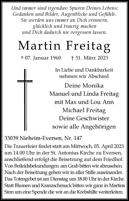 Traueranzeige von Martin Freitag von Westfalen-Blatt