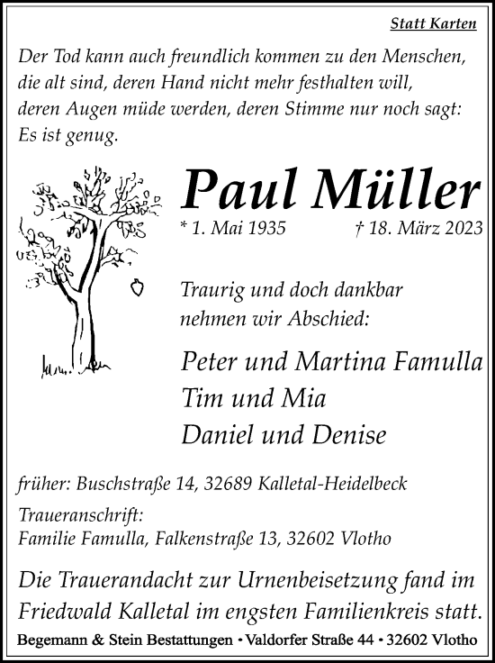 Traueranzeige von Paul Müller von Westfalen-Blatt