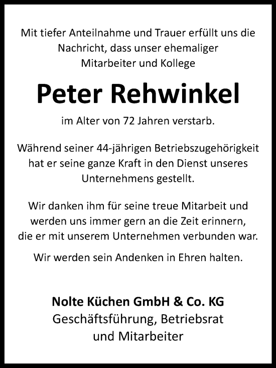 Traueranzeige von Peter Rehwinkel von Westfalen-Blatt