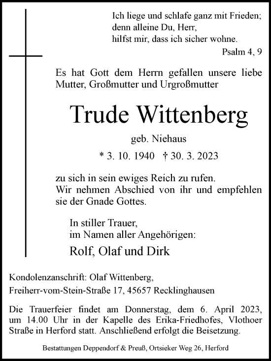 Traueranzeige von Trude Wittenberg von Westfalen-Blatt