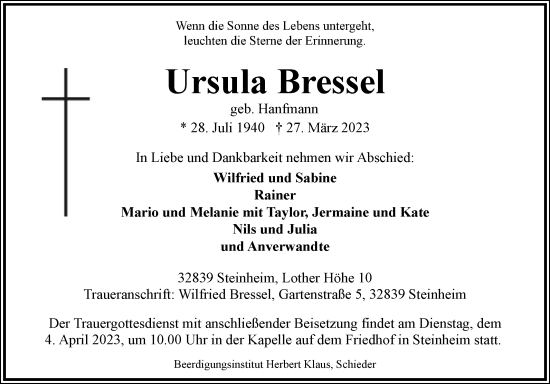 Traueranzeige von Ursula Bressel von Westfalen-Blatt