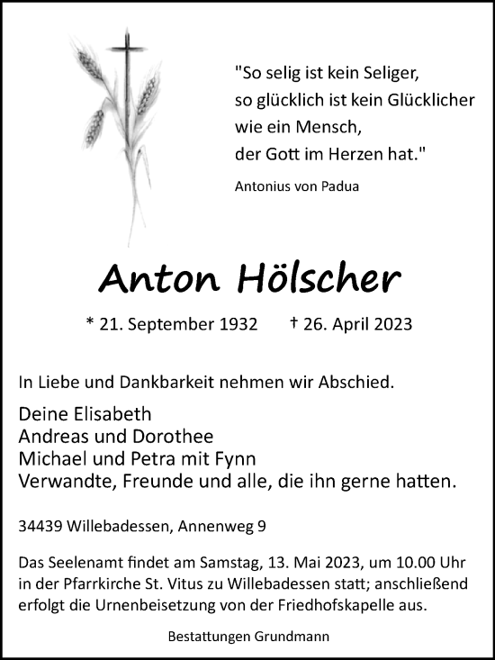 Traueranzeige von Anton Hölscher von Westfalen-Blatt