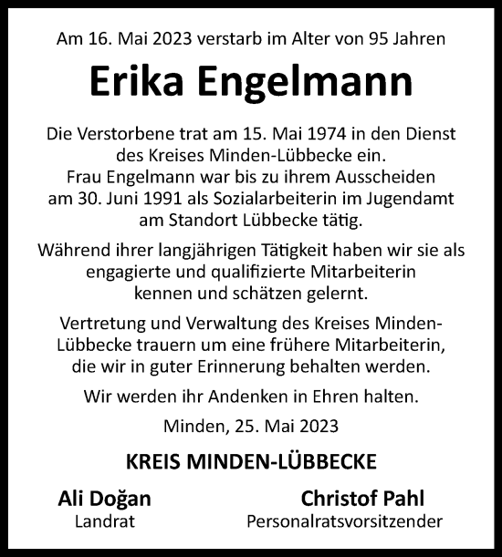 Traueranzeige von Erika Engelmann von Westfalen-Blatt