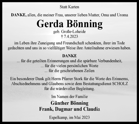 Traueranzeige von Gerda Bönning von Westfalen-Blatt