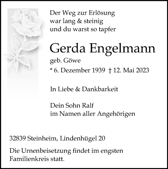 Traueranzeige von Gerda Engelmann von Westfalen-Blatt