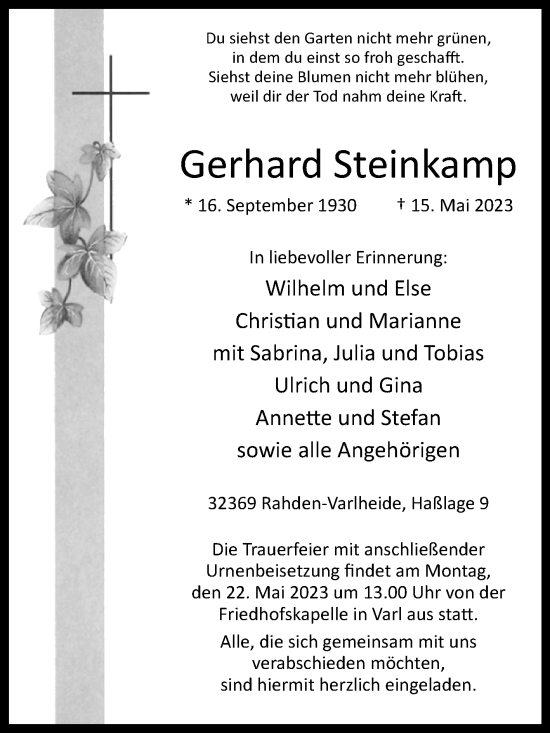 Traueranzeige von Gerhard Steinkamp von Westfalen-Blatt