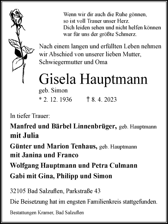 Traueranzeige von Gisela Hauptmann von Westfalen-Blatt