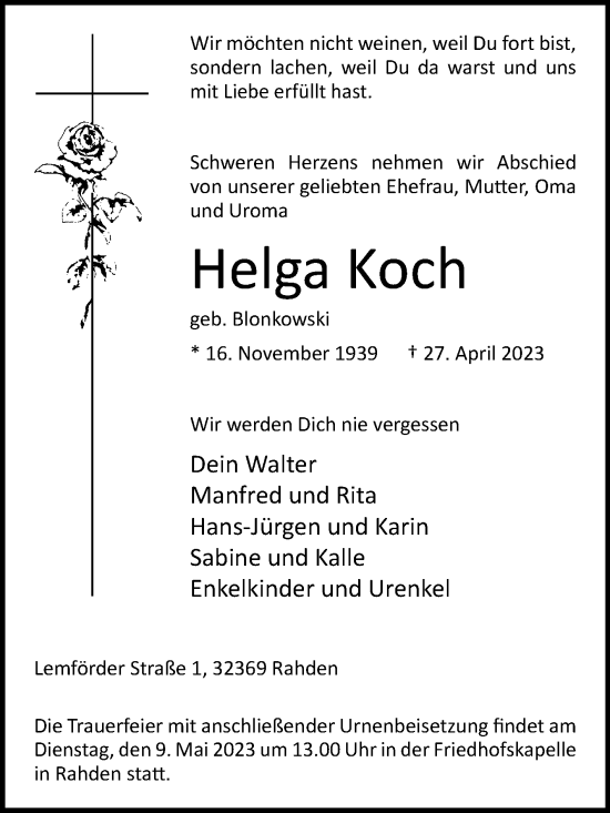 Traueranzeige von Helga Koch von Westfalen-Blatt