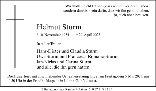 Traueranzeige von Helmut Sturm von Westfalen-Blatt