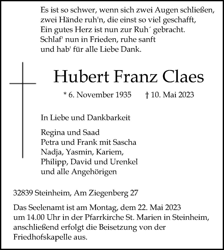  Traueranzeige für Hubert Franz Claes vom 13.05.2023 aus Westfalen-Blatt