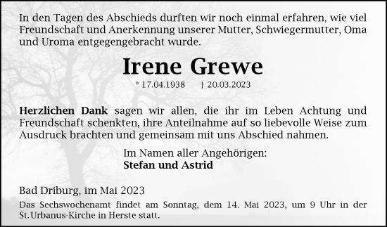 Traueranzeige von Irene Grewe von Westfalen-Blatt