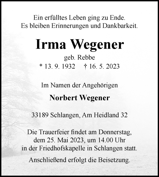 Traueranzeige von Irma Wegener von Westfalen-Blatt