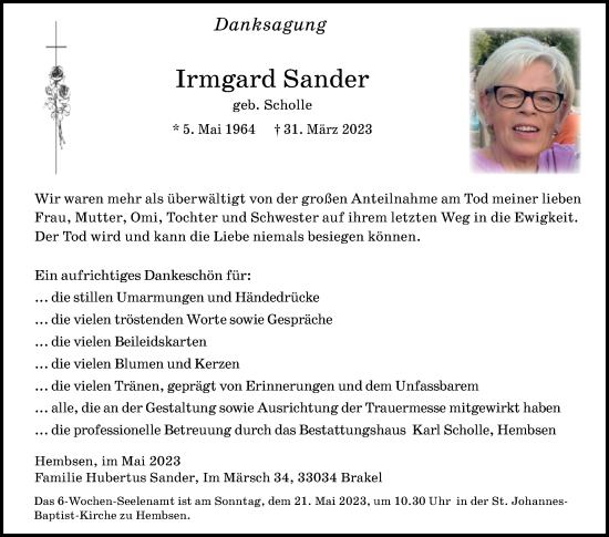 Traueranzeige von Irmgard Sander von Westfalen-Blatt