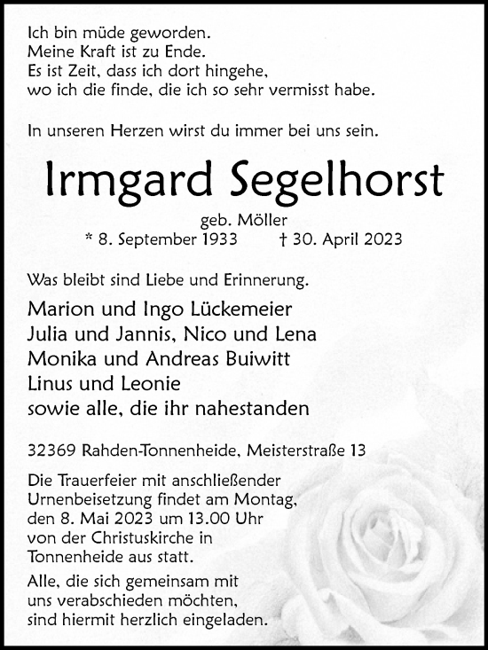 Traueranzeige von Irmgard Segelhorst von Westfalen-Blatt