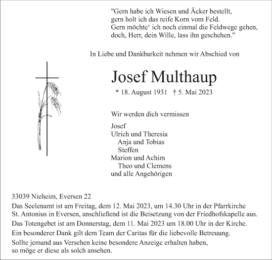 Traueranzeige von Josef Multhaup von Westfalen-Blatt