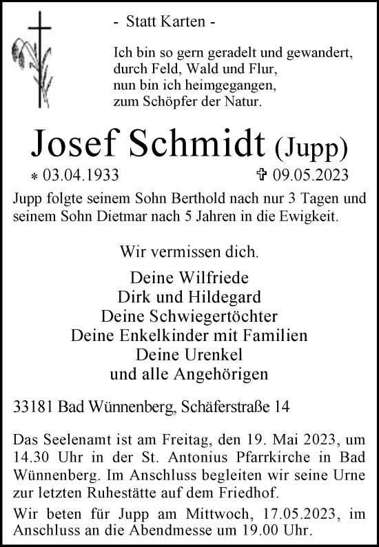 Traueranzeige von Josef Schmidt von Westfalen-Blatt