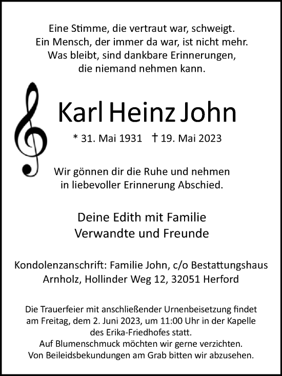 Traueranzeige von Karl Heinz John von Westfalen-Blatt