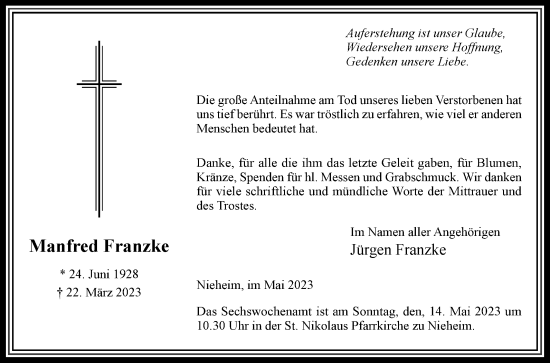 Traueranzeige von Manfred Franzke von Westfalen-Blatt