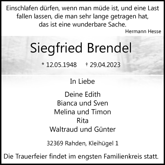 Traueranzeige von Siegfried Brendel von Westfalen-Blatt