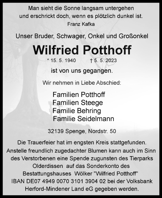 Traueranzeige von Wilfried Potthoff von Westfalen-Blatt