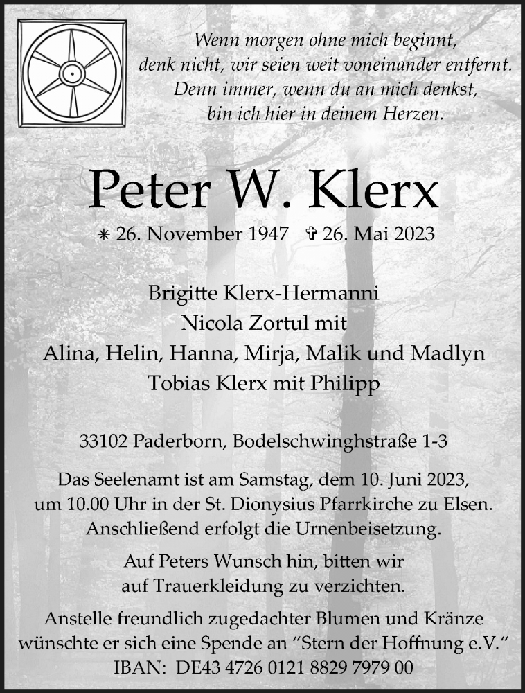  Traueranzeige für Peter W. Klerx vom 01.06.2023 aus 