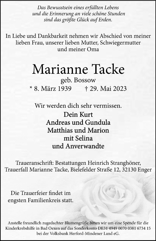 Traueranzeige von Marianne Tacke 