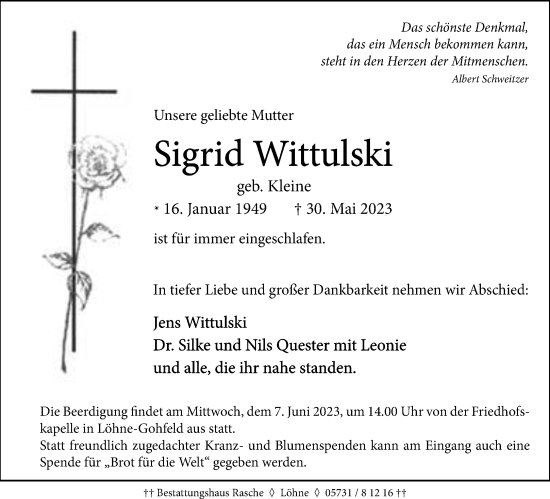 Traueranzeige von Sigrid Wittulski 