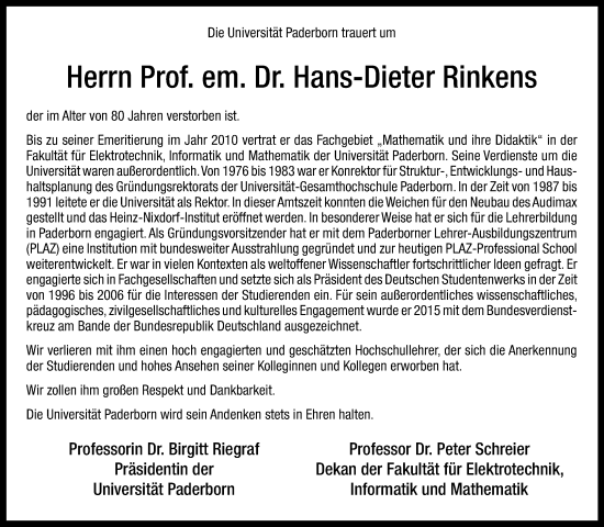 Traueranzeige von Hans-Dieter Rinkens 